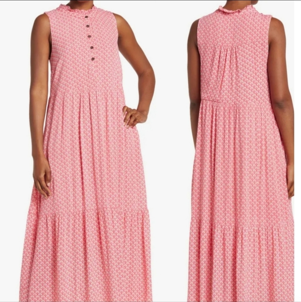 Gibsonlook Sunny Day Tiered Maxi Dress Sleeveless High Neck Pink/Orange Tone Sma